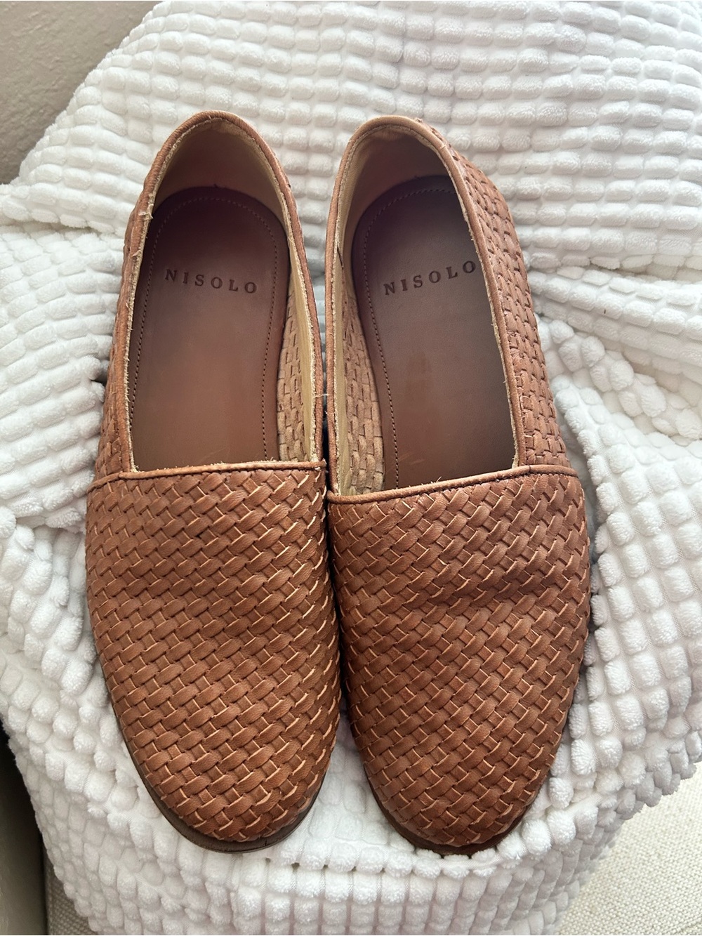 Nisolo Men’s Woven Leather Slip-Ons — Cognac Brown